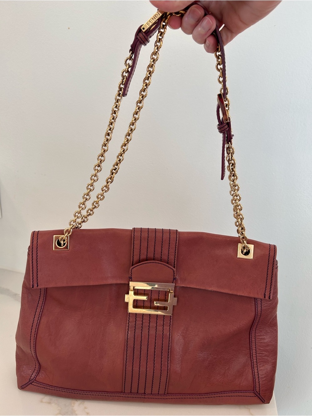 Fendi Maxi Baguette Flap with Adjustable Chain Strap- Mauve Pink